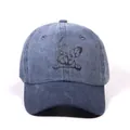 Navy blue washed denim baseball cap featuring a cute black pug print for men and women - Navy Blue