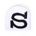 White knit beanie with large black letter S logo, trendy streetwear winter skull cap - One Size / White