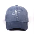 Navy blue washed canvas baseball cap with white embroidered dragonfly pattern for adults - Navy Blue
