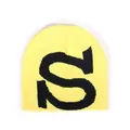 Yellow knitted beanie featuring a large black S letter pattern in a minimalist style - One Size / Yellow