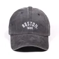 Washed dark grey denim baseball cap featuring white BOSTON embroidery and a curved brim - One Size / Black