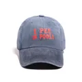 Blue washed denim baseball cap with red 'I PEE IN POOLS' embroidery for men and women - Navy Blue