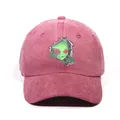 Washed vintage pink denim baseball cap with green alien embroidery on front - Burgundy
