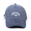 Vintage washed denim baseball cap in dark blue with white Boston embroidery - One Size / Navy Blue