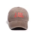 Brown washed cotton baseball cap with red 'I PEE IN POOLS' funny slogan embroidery - Coffee