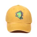 Washed ginger yellow cotton baseball cap with a green cartoon alien print - Yellow