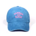 Washed blue denim baseball cap featuring pink TANNED and TIPSY print for men and women - One Size / Blue