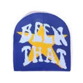 Navy blue Y2K beanie featuring a yellow star pattern and blue BEEN THAT embroidery - One Size / Sapphire Blue