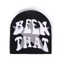 Y2K streetwear black knit beanie featuring white Been That text and star pattern - One Size / Black and Gray
