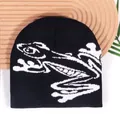 Streetwear black knit beanie featuring a white abstract frog jacquard pattern for winter - One Size / Black
