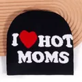 Bonnet en tricot noir avec un cœur rouge et un lettrage jacquard I HOT MOMS blanc - Taille unique / Noir