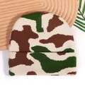 Y2K camouflage jacquard knit beanie with rolled cuff on a natural wooden tray - One Size / Beige and Green
