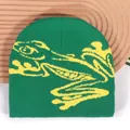 Green knitted beanie featuring bright yellow abstract frog eyes pattern and textured finish - One Size / Verdant
