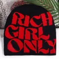 Hip-hop style knitted beanie in black and red with Rich Girl Only letter pattern - Black Red