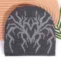 Dark grey Y2K knit beanie featuring light grey jacquard spider web flame patterns - One Size / Dark Gray