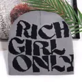 Grey knit beanie with Rich Girl Only jacquard lettering for winter street style fashion - Dark Gray