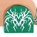 Y2K bright green beanie with white jacquard pattern on a rustic wooden background - One Size / Verdant