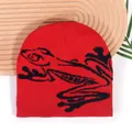 Street style red knitted beanie featuring a black frog jacquard pattern for winter warmth - One Size / Red