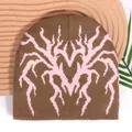 Y2K knit beanie featuring dark brown fabric and pink spider jacquard pattern - One Size / Brown