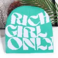 Mint green knitted beanie with white jacquard Rich Girl Only lettering in pixel style - Cyan