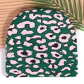 Leopard print knit beanie in dark green and pink pattern, stretchy winter warm cap - One Size / Verdant