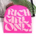 Hot pink knit beanie with light pink 'RICH GIRL ONLY' jacquard pattern for women - Deep Pink