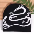 Schwarze Y2K Strickmütze im Street-Style mit weißem Drachen-Jacquardmuster - Einheitsgröße / Schwarz Weiß