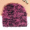 Fuzzy knit beanie hat in black and pink mix, featuring fluffy textures for winter warmth - One Size / Black/Rose Red
