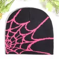 Y2K knit beanie with pink spider web pattern on black fabric for streetwear style - One Size / Black and Dark Pink