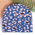 Blue knitted beanie with pink and black leopard print pattern for women in winter - One Size / Bright Blue (Haze Blue)