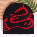 Gorro de punto negro con diseño de dragón rojo jacquard estilo urbano Y2K para invierno - Talla única / Negro Rojo