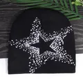 Black beanie featuring a white pixelated star pattern in soft knit fabric style - One Size / Black