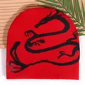Gorro de punto rojo con patrón de dragón negro, gorro elástico cálido estilo Y2K urbano - Talla única / Rojo
