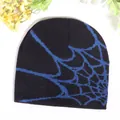 Black Y2K beanie with blue spider web knit pattern, warm winter streetwear accessory - One Size / Black Blue