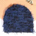 Short faux fur beanie in blue and black punk knit style for autumn and winter warmth - One Size / Black Dark Blue