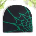 Black Y2K beanie featuring a vibrant green spider web jacquard pattern for streetwear - One Size / Black Green