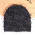 Plush black knit beanie with mohair texture for winter outdoor street fashion styles - One Size / Black Dark Grey