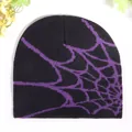 Y2K spider web knitted beanie in black and purple street style winter headwear - One Size / Black Purple