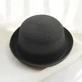 Classic round top black woven straw sun hat for women with elegant curled brim - Kids Size / Black