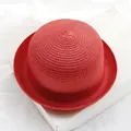 Red woven straw sun hat for women with a round crown and elegant flat brim - Kids Size / Red