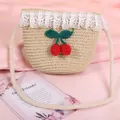 Fashionable straw shoulder bag for kids with lace trim and cherry decor on pink fabric - Khaki
