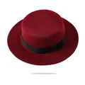 Classic burgundy flat-top boater hat with black ribbon and felt texture on white background - Adjustable (55-61cm) / Flat Top With Black Ribbon / Burgundy