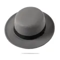 Detailed view of dark grey wool felt boater hat with a black grosgrain ribbon band - Adjustable (55-61cm) / Flat Top With Black Ribbon / Gray