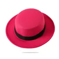 Top view of rose red wool boater hat with black grosgrain ribbon and flat brim - Adjustable (55-61cm) / Flat Top With Black Ribbon / Rose Red