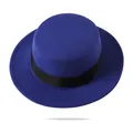 Detailed view of royal blue wool fedora featuring flat brim and black grosgrain ribbon - Adjustable (55-61cm) / Flat Top With Black Ribbon / Sapphire Blue