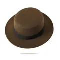 Detailed top view of dark brown wool felt boater hat with a black grosgrain ribbon band - Adjustable (55-61cm) / Flat Top With Black Ribbon / Brown
