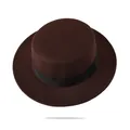 Detailed macro view of the brown wool felt boater hat with a black grosgrain ribbon trim - Adjustable (55-61cm) / Flat Top With Black Ribbon / Coffee