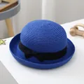 Royal blue straw hat for boys with black bow ribbon and dome sunshade design - S (52-54cm) / Blue