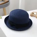 Classic navy blue children's dome straw hat with a black ribbon bow for summer sun protection - S (52-54cm) / Navy Blue