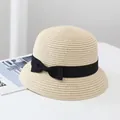 Elegante cappello di paglia beige con fiocco nero da donna, accessorio estivo chic da mare - Adulto / Beige (Fiocco)